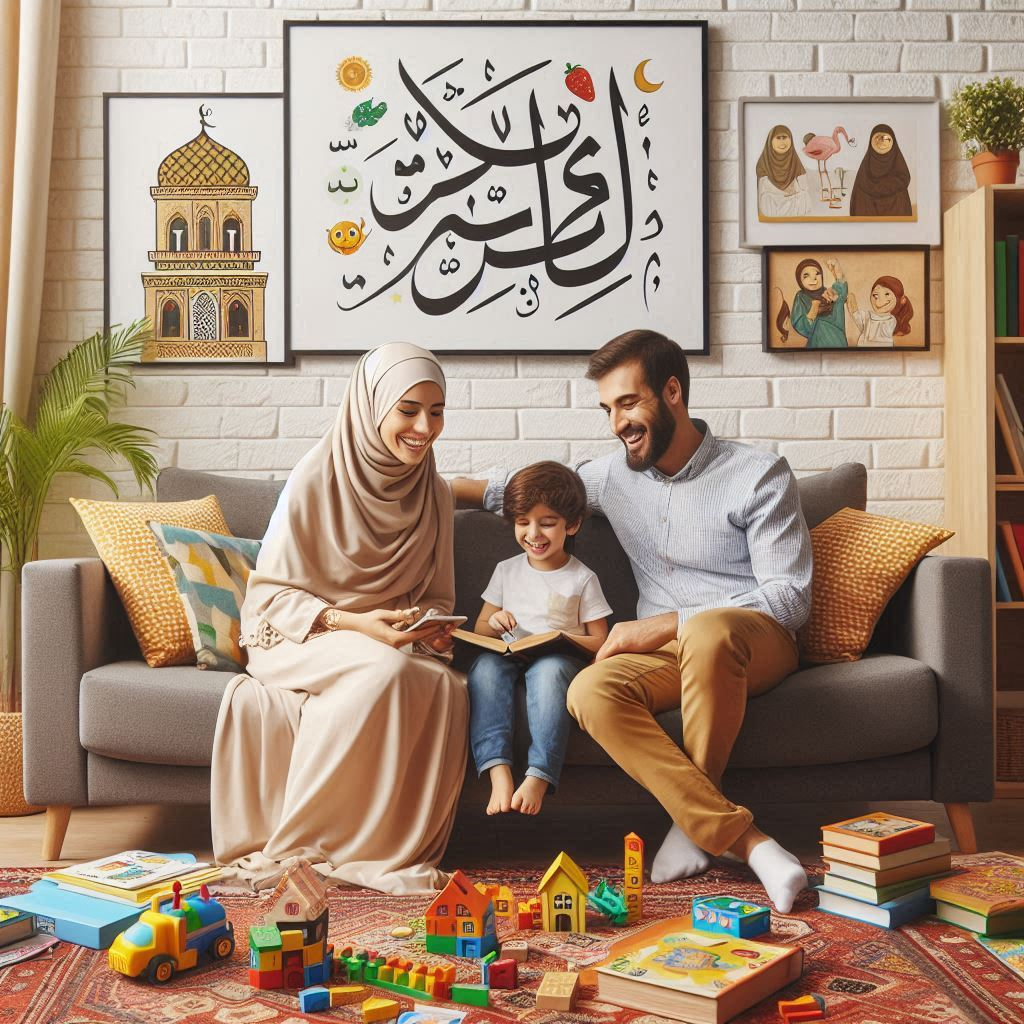 A cozy living room with Arabic posters, books, and educational games scattered around, with a smiling family engaging in Arabic activities.